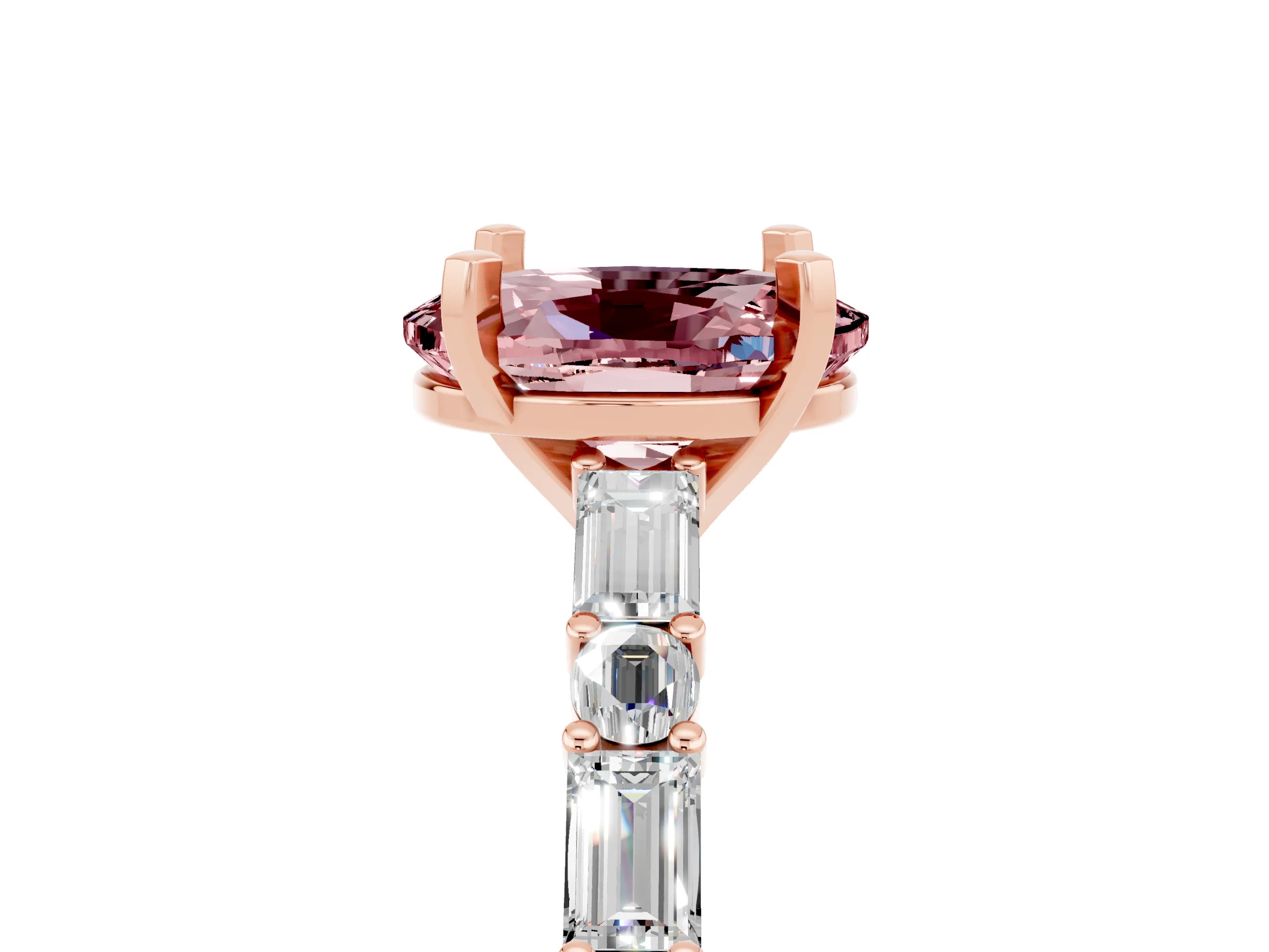 Rose gold Oval Cut Morganite Solitaire with Side Baguettes and Channel Set Band_5