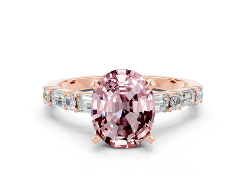Rose gold Oval Cut Morganite Solitaire with Side Baguettes and Channel Set Band