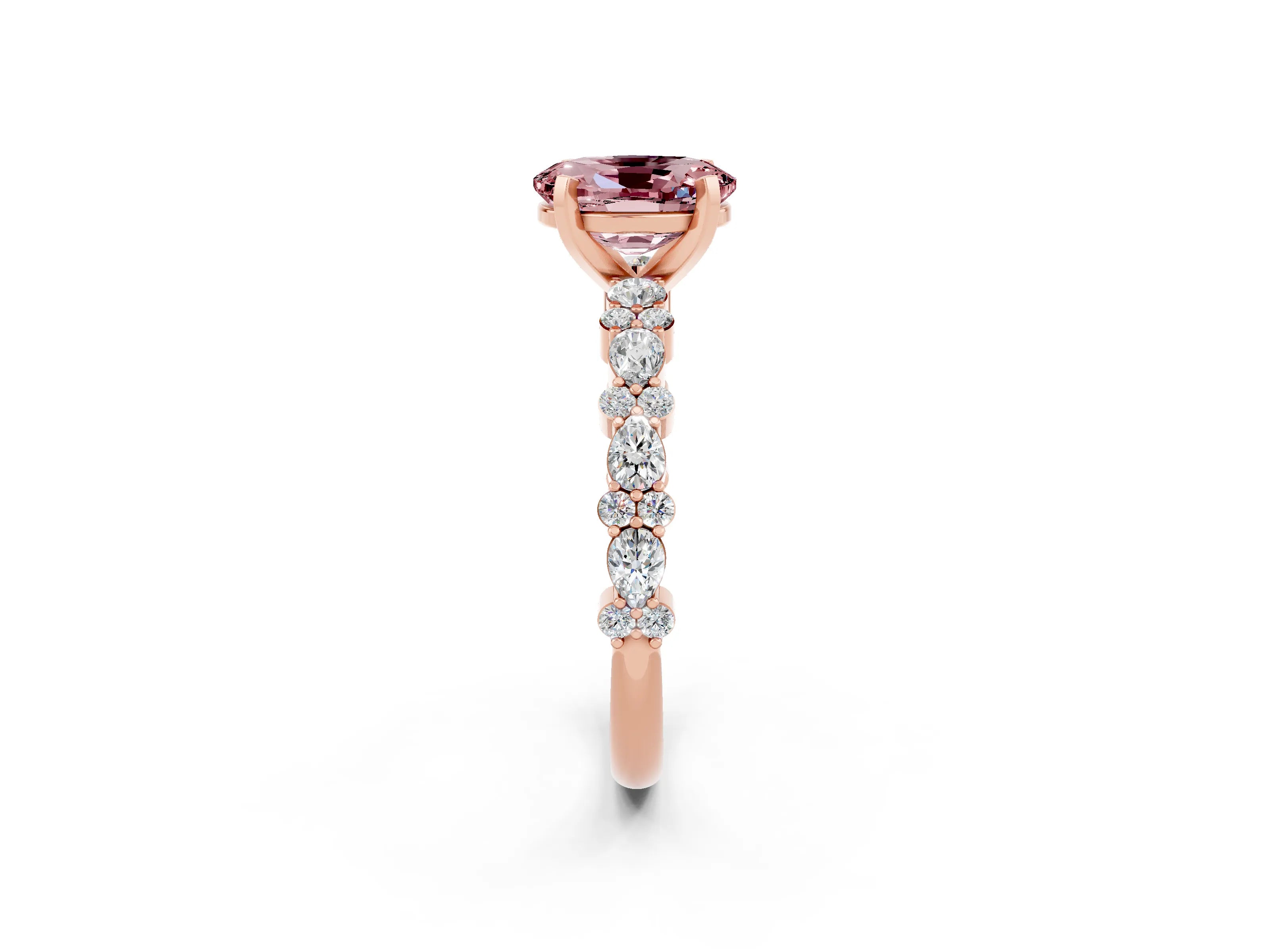 Rose gold Oval Cut Morganite Solitaire with Side Stones, Pave Band, Four-Prong Setting_38