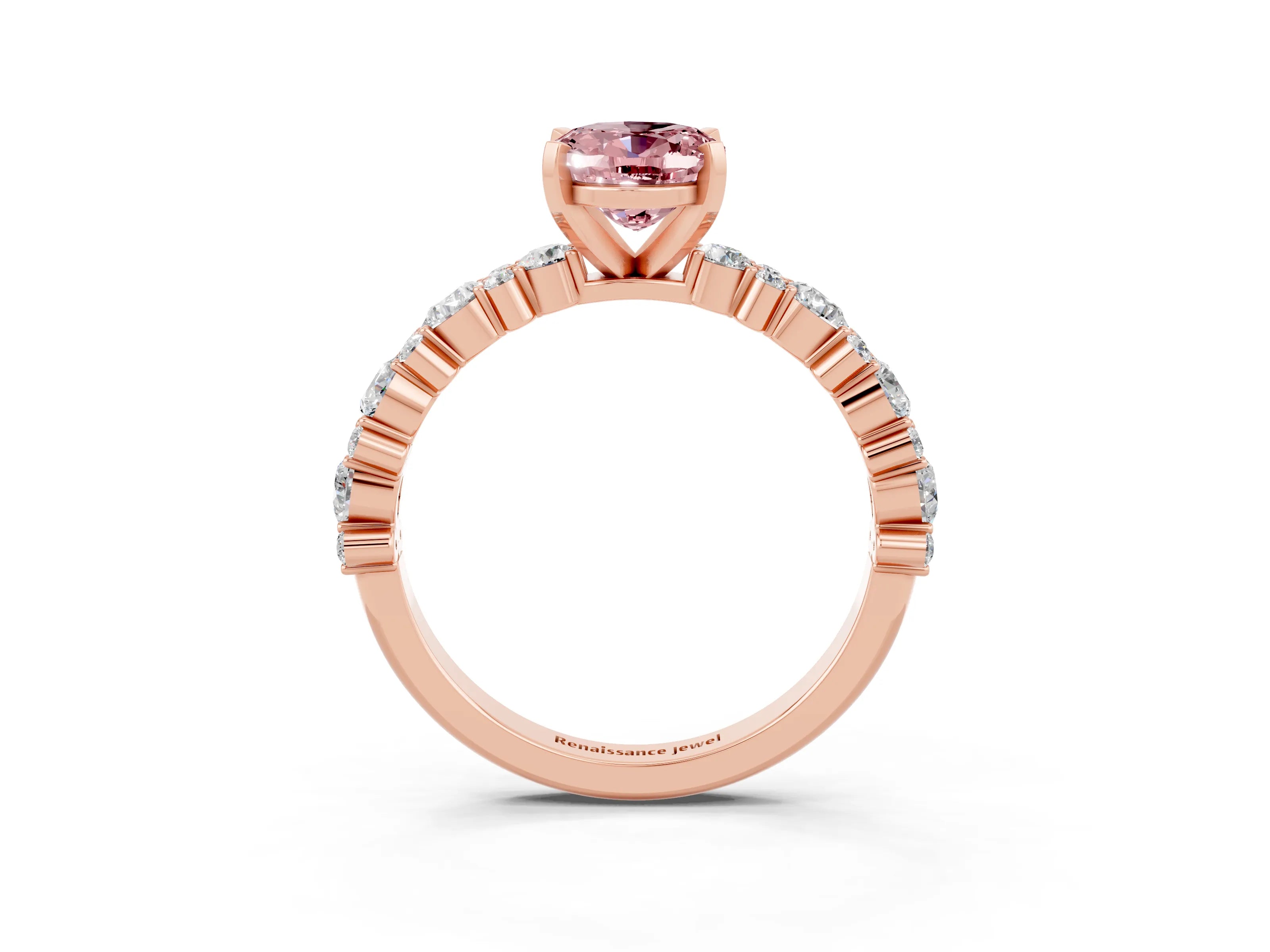 Rose gold Oval Cut Morganite Solitaire with Side Stones, Pave Band, Four-Prong Setting_39