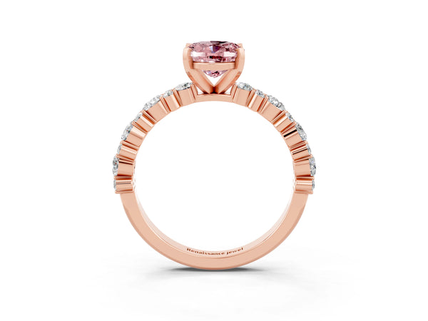 Rose gold Oval Cut Morganite Side Stone Solitaire Ring with Round  and Four-Prong Setting