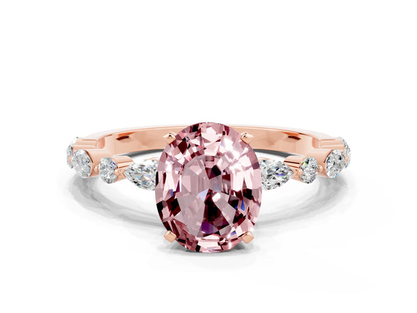 Rose gold Oval Cut Morganite Ring with Marquise and Round  Side Stones and Four-Prong Setting