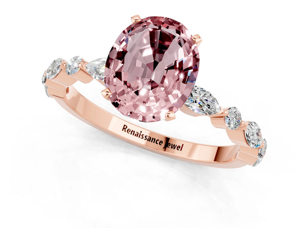 Rose gold Oval Cut Morganite Ring with Marquise and Round  Side Stones and Four-Prong Setting