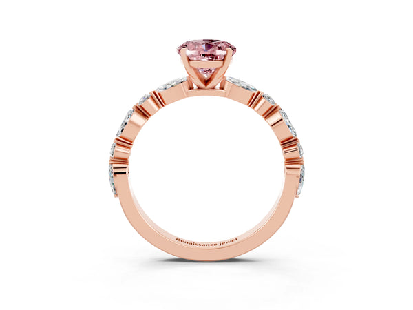 Rose gold Oval Cut Morganite Ring with Marquise and Round  Side Stones and Four-Prong Setting