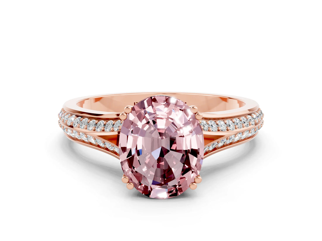 Rose gold Oval Cut Morganite Split Shank Engagement Ring with Pavé Band