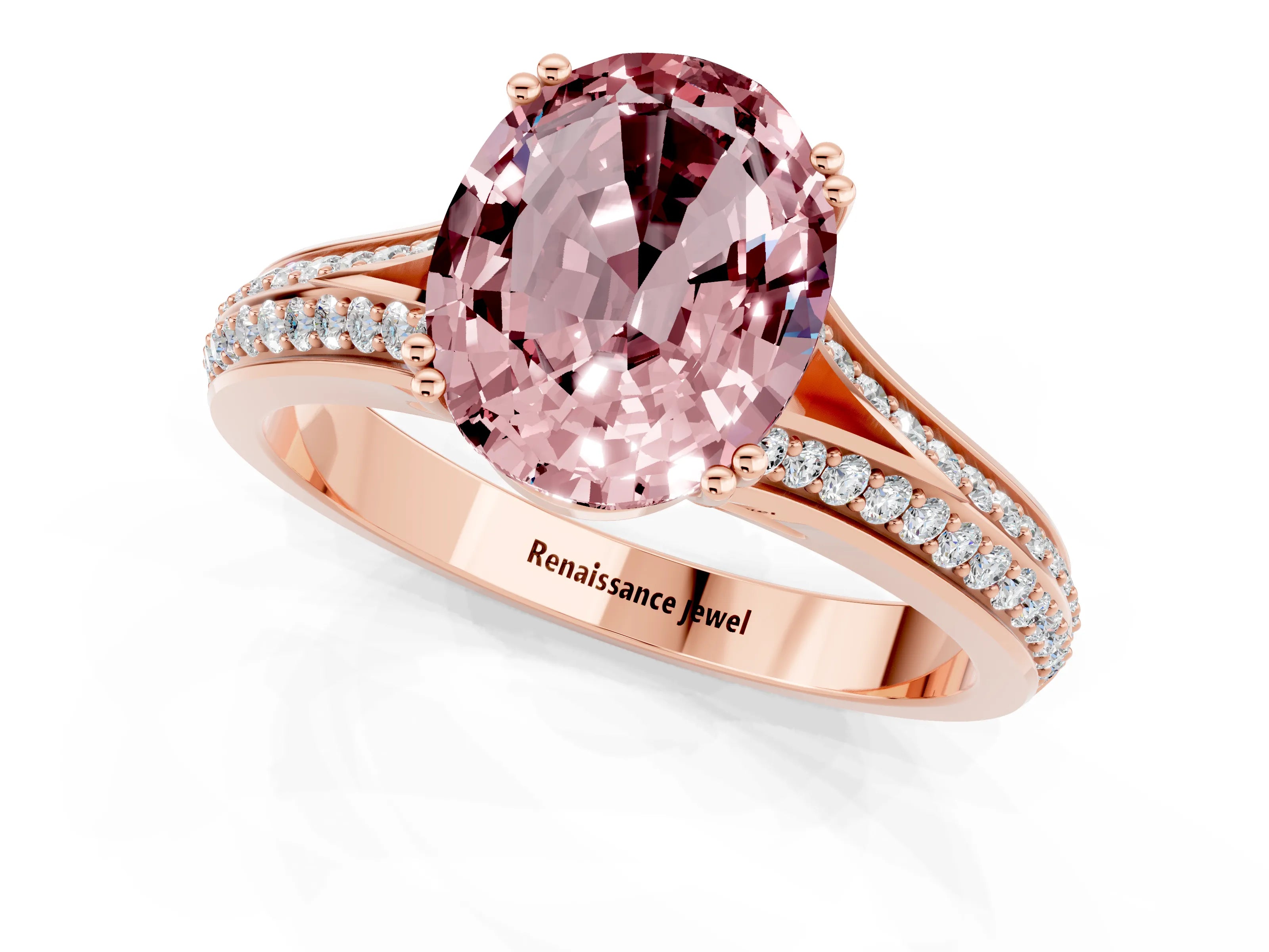 Rose gold Oval Cut Morganite Split Shank Engagement Ring with Pavé Band_1