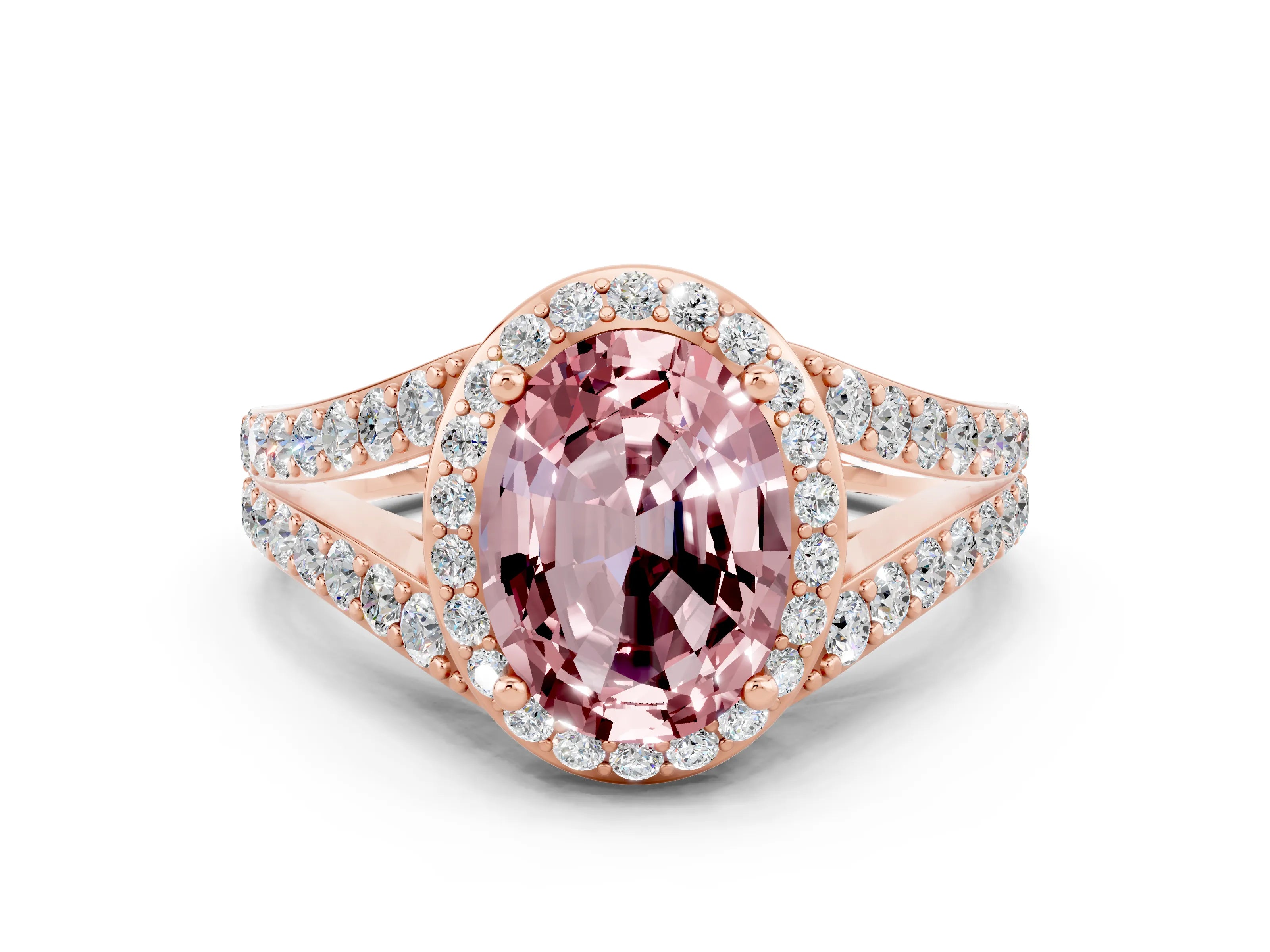 Rose gold Oval Cut Morganite Split Shank Halo Ring with Four-Prong Setting_12