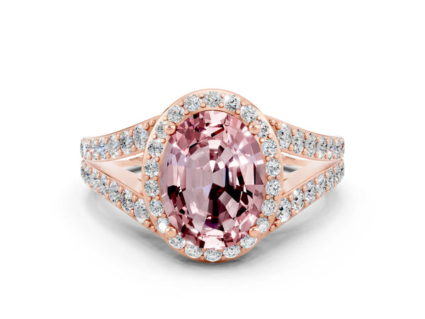 Rose gold Oval Cut Morganite Split Shank Halo Ring with Four-Prong Setting