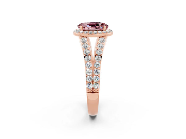 Rose gold Oval Cut Morganite Split Shank Halo Ring with Four-Prong Setting