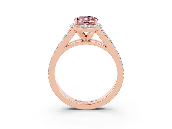 Rose gold Oval Cut Morganite Split Shank Halo Ring with Four-Prong Setting