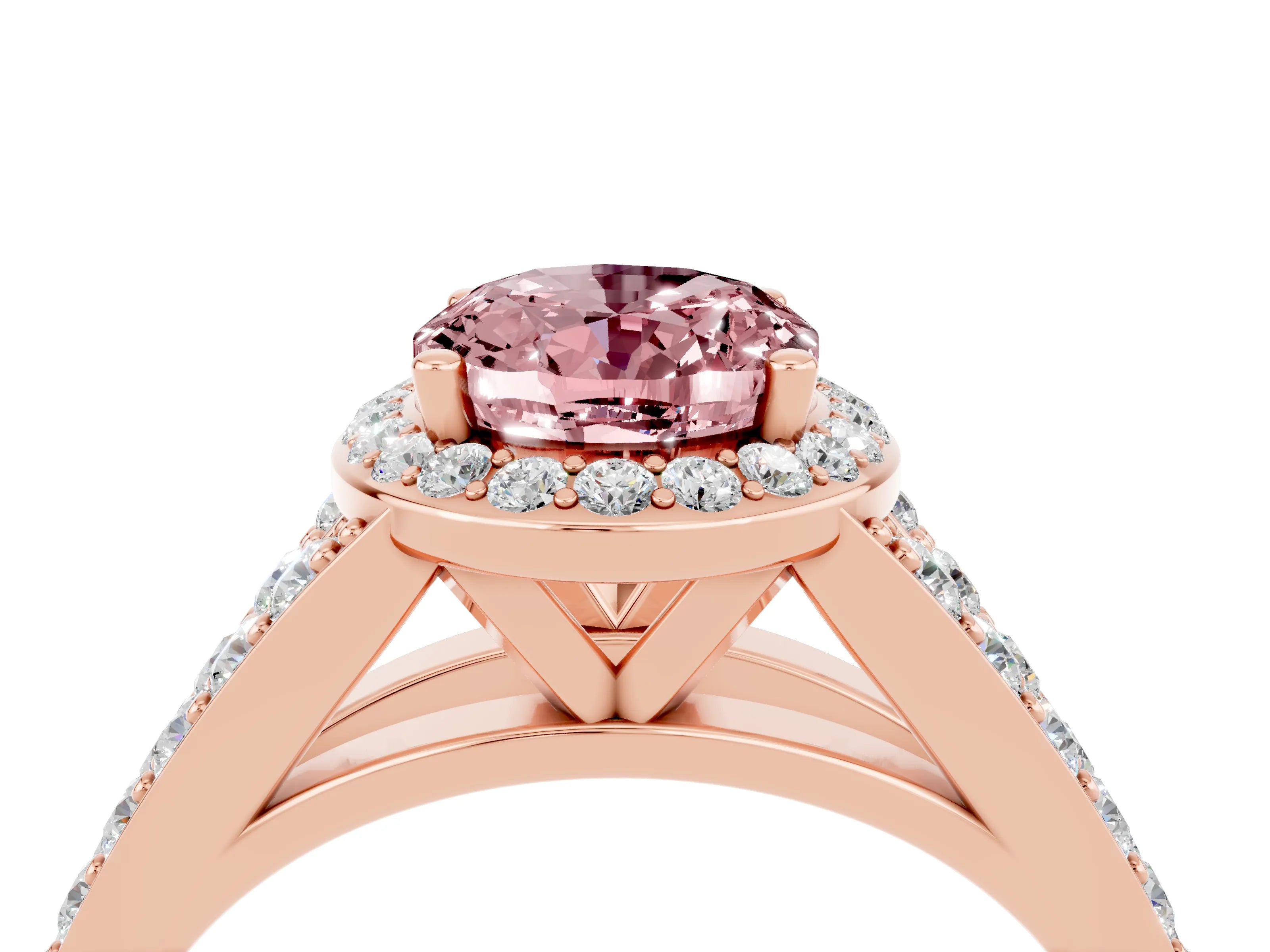 Rose gold Oval Cut Morganite Split Shank Halo Ring with Four-Prong Setting_16