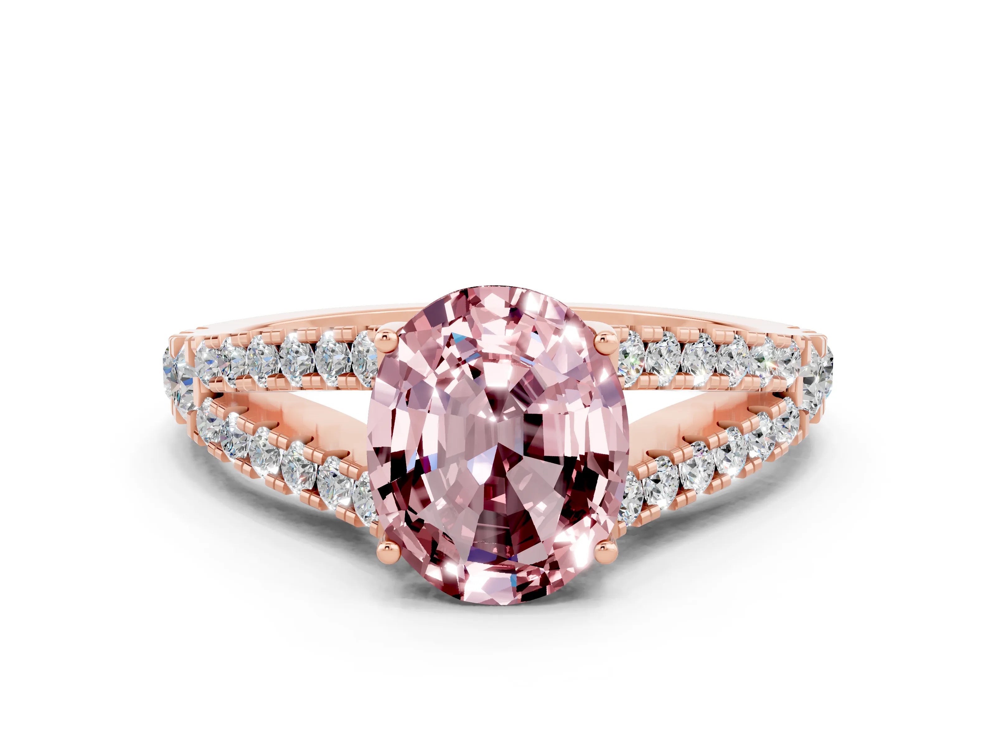 Rose gold Oval Cut Morganite Split Shank Pavé Engagement Ring with Four-Prong Setting_24