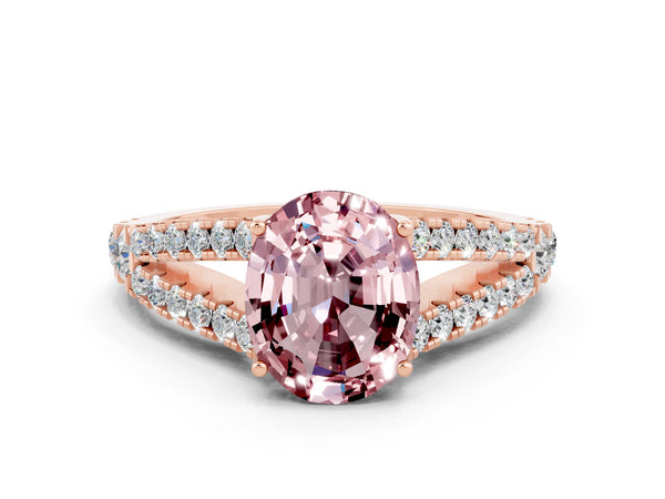 Rose gold Oval Cut Morganite Split Shank Pavé Engagement Ring with Four-Prong Setting