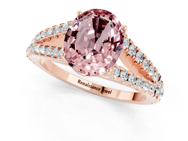 Rose gold Oval Cut Morganite Split Shank Pavé Engagement Ring with Four-Prong Setting