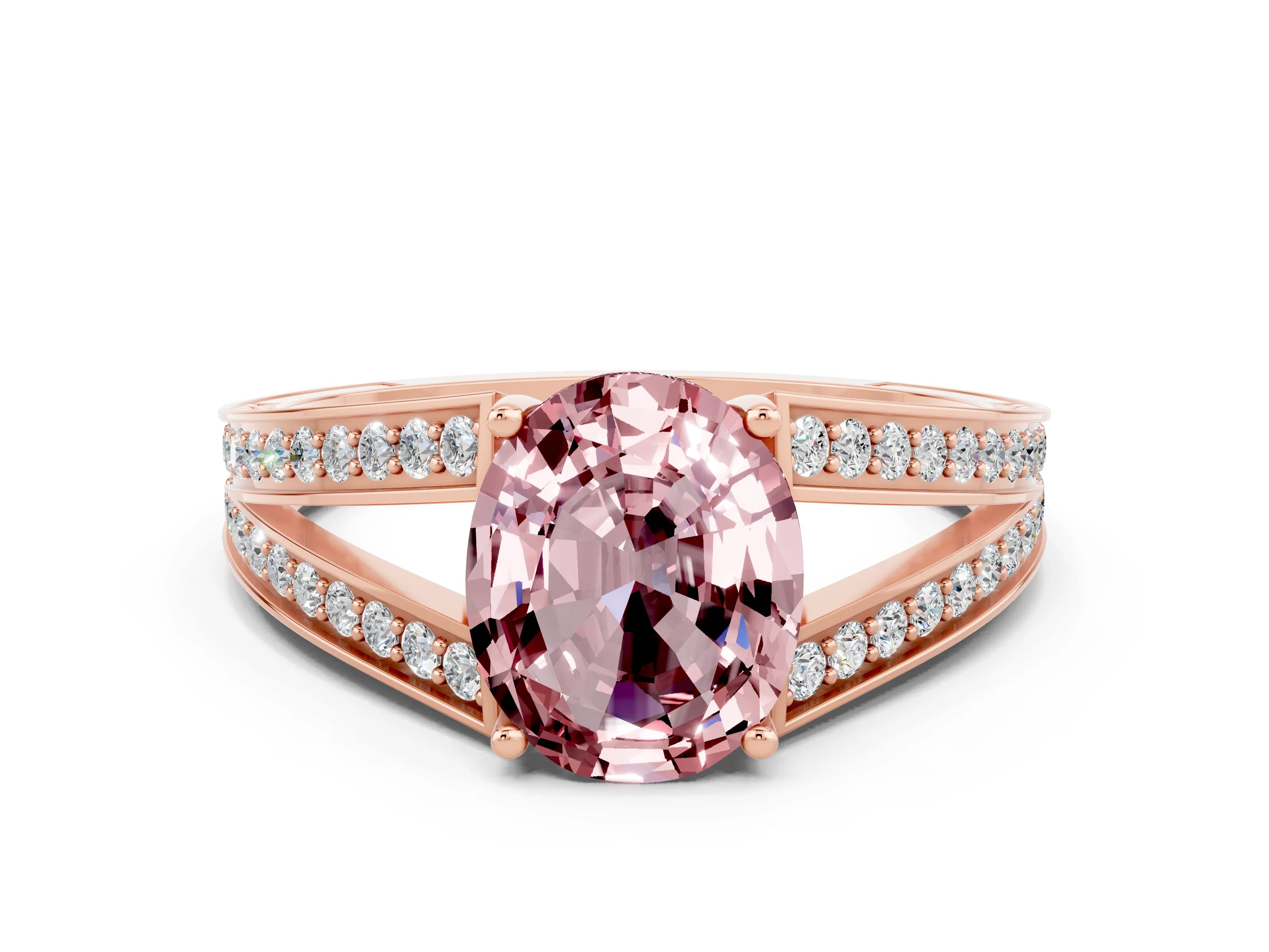 Rose gold Oval Cut Morganite Split Shank Ring with Pavé Band and Four-Prong Setting