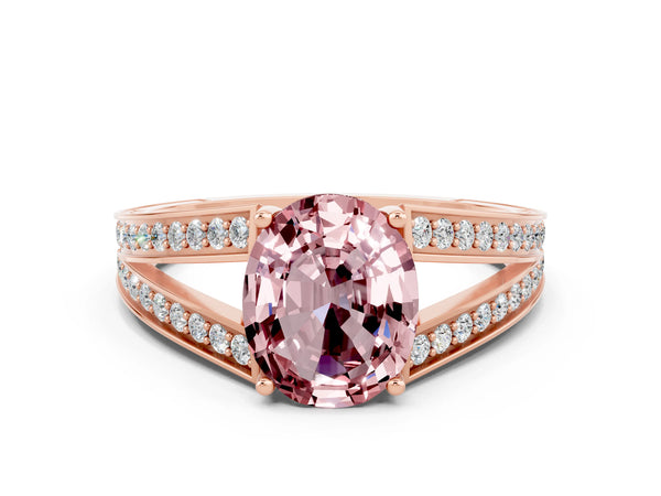 Rose gold Oval Cut Morganite Split Shank Ring with Pavé Band and Four-Prong Setting