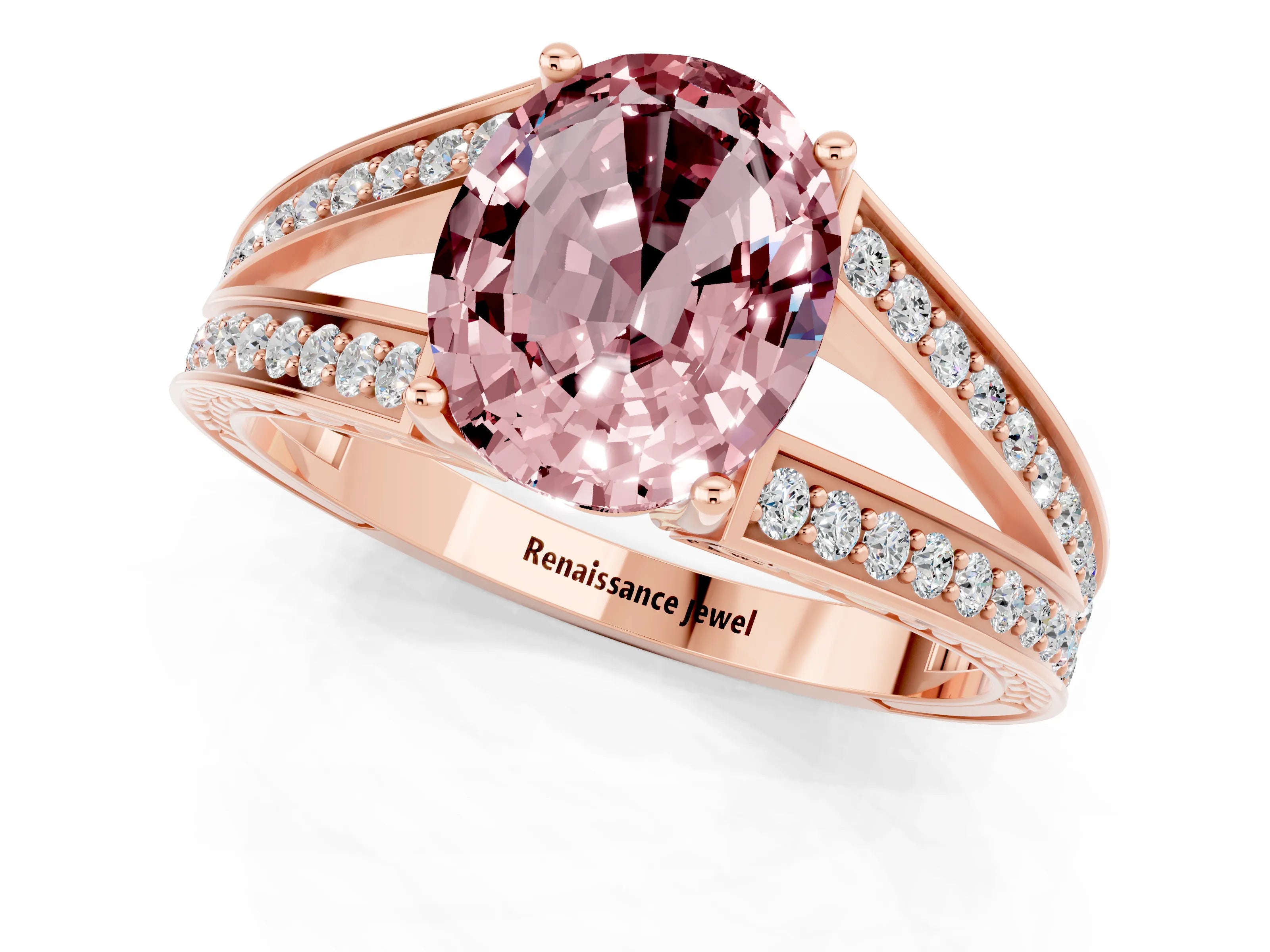 Rose gold Oval Cut Morganite Split Shank Ring with Pavé Band and Four-Prong Setting_1