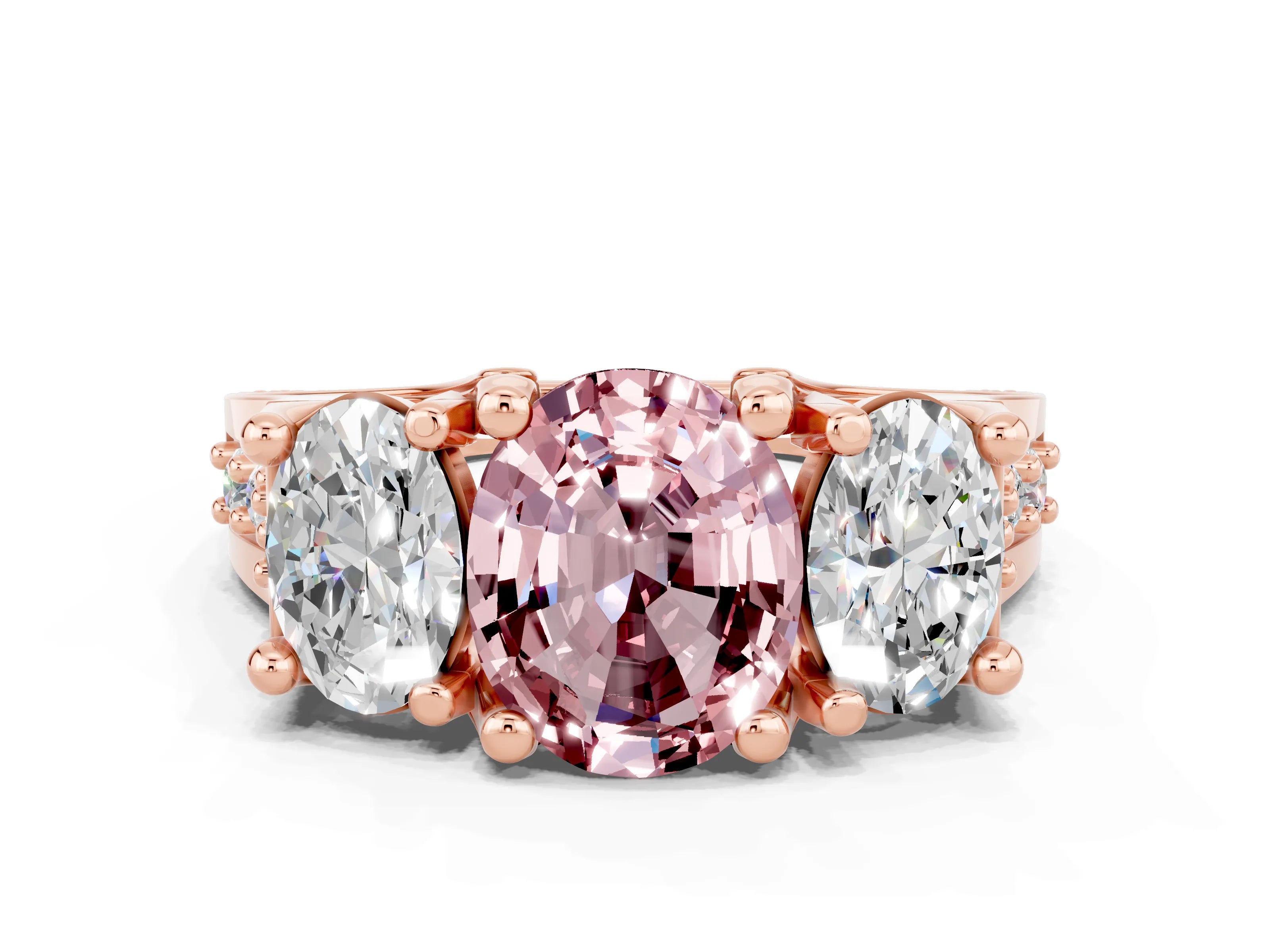 Rose gold Oval Cut Morganite Three-Stone Ring with Channel Set Band and Four-Prong Setting
