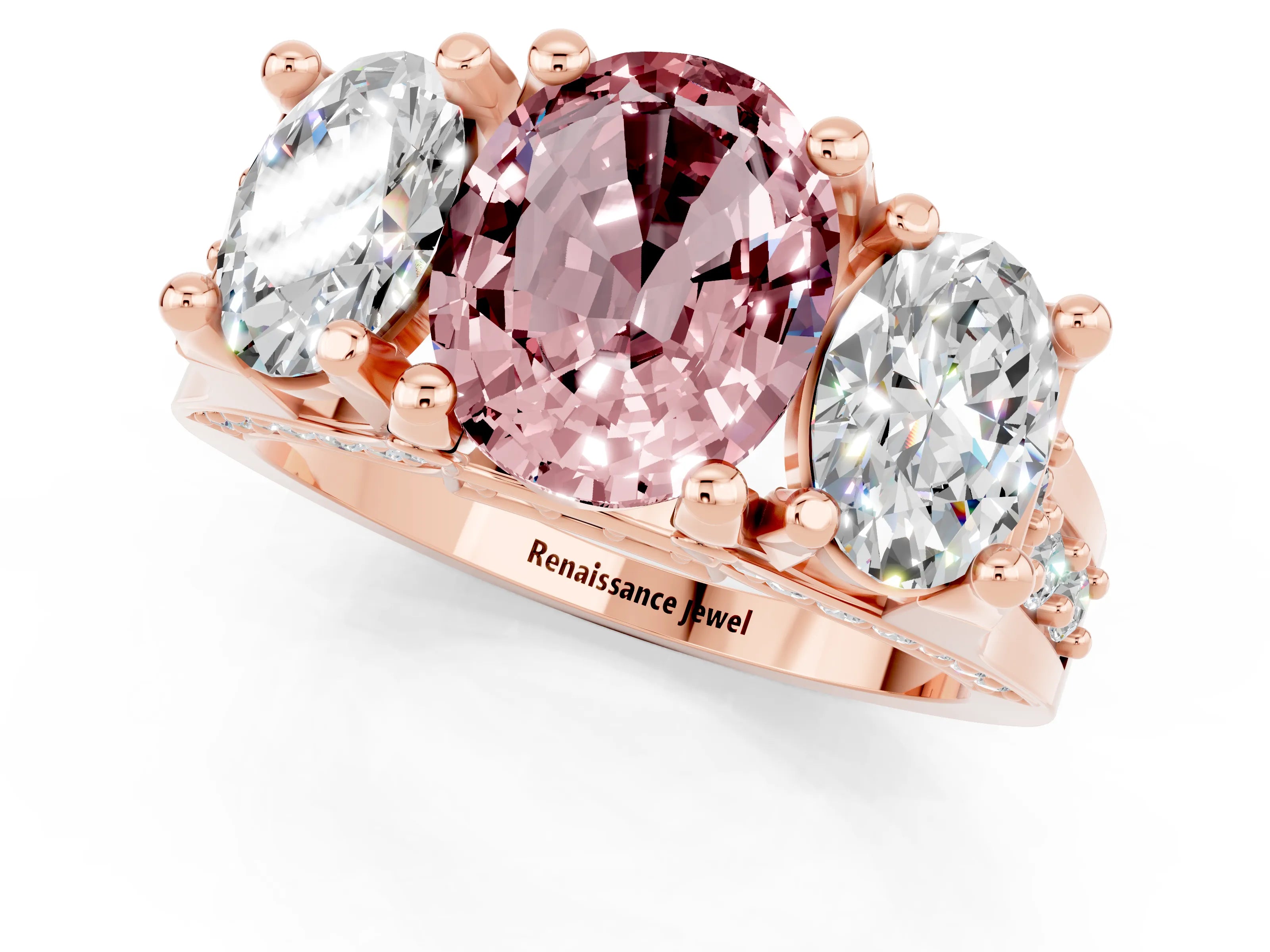 Rose gold Oval Cut Morganite Three-Stone Ring with Channel Set Band and Four-Prong Setting_1