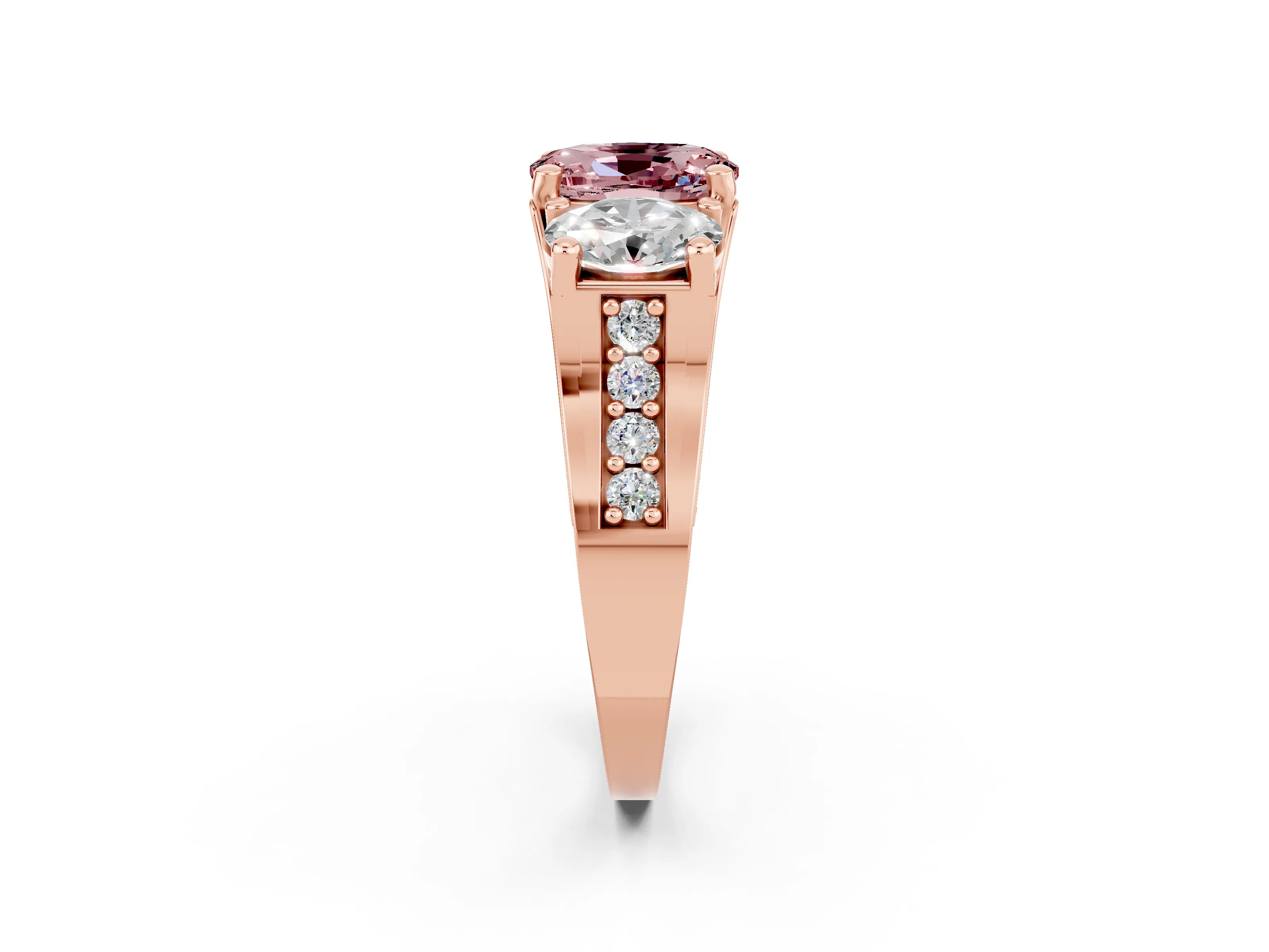 Rose gold Oval Cut Morganite Three-Stone Ring with Channel Set Band and Four-Prong Setting_2