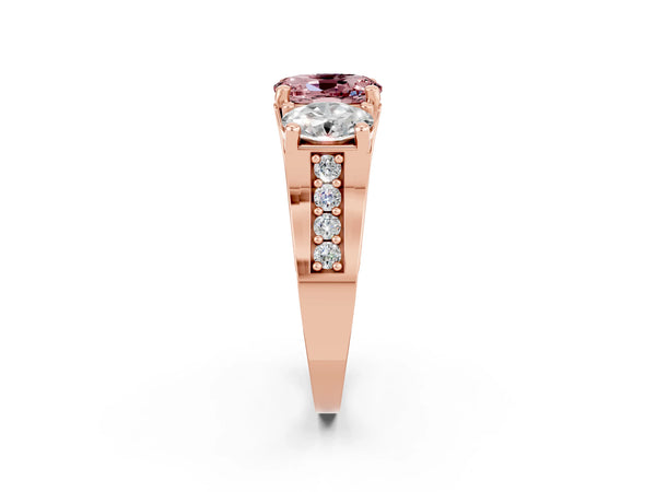 Rose gold Oval Cut Morganite Three-Stone Ring with Channel Set Band and Four-Prong Setting