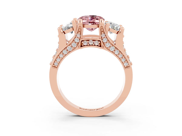 Rose gold Oval Cut Morganite Three-Stone Ring with Channel Set Band and Four-Prong Setting