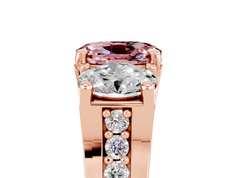 Rose gold Oval Cut Morganite Three-Stone Ring with Channel Set Band and Four-Prong Setting_5