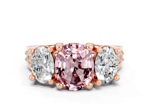 Rose gold Oval Cut Morganite Three-Stone Ring with Channel Set Band and Four-Prong Setting