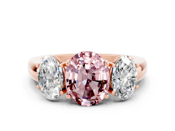 Rose gold Oval Cut Morganite Three-Stone Ring with Four-Prong Setting and Classic Band