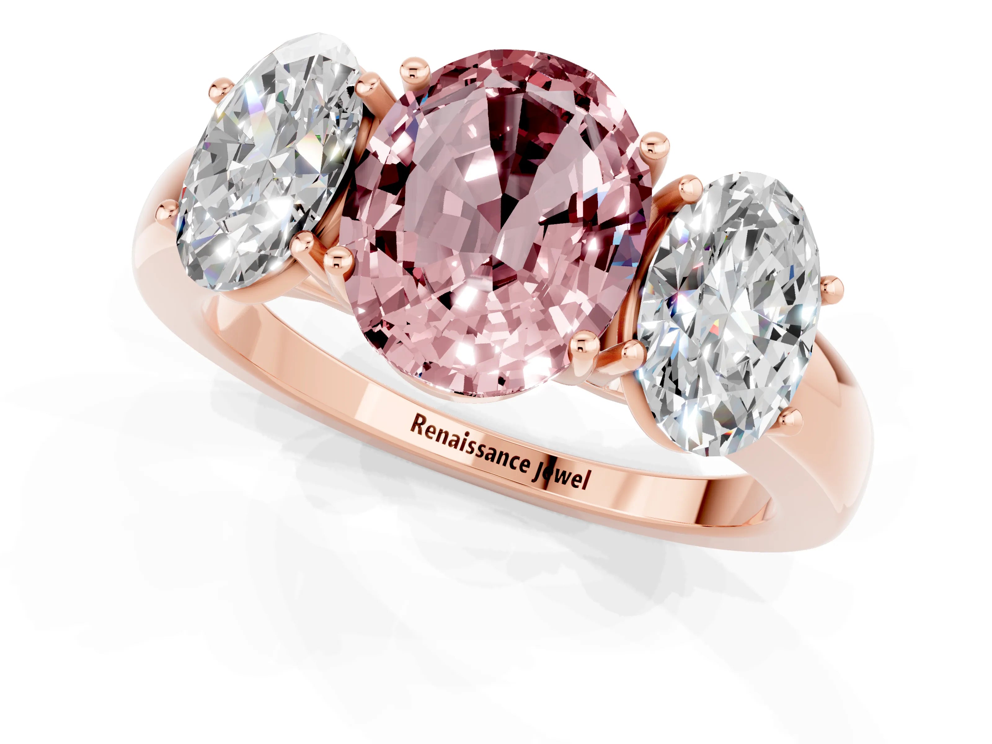 Rose gold Oval Cut Morganite Three-Stone Ring with Four-Prong Setting and Classic Band_1