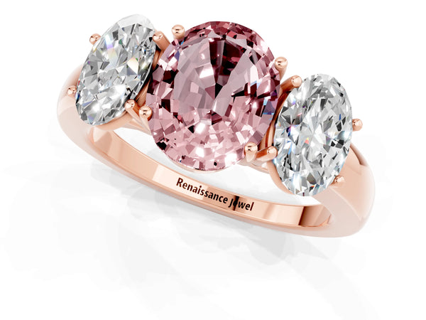 Rose gold Oval Cut Morganite Three-Stone Ring with Four-Prong Setting and Classic Band