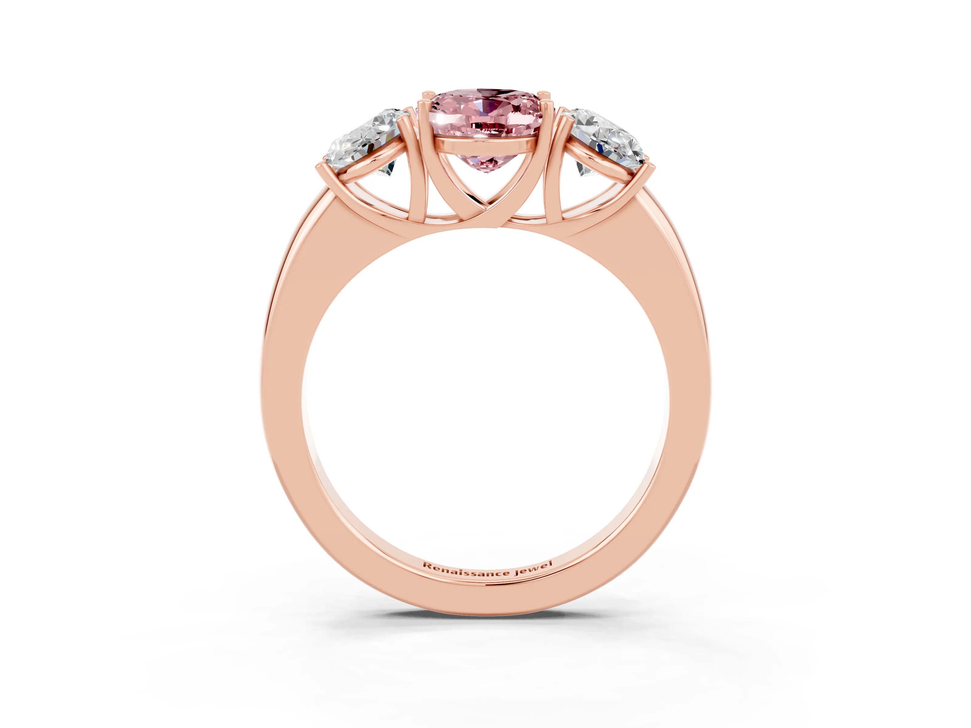 Rose gold Oval Cut Morganite Three-Stone Ring with Four-Prong Setting and Classic Band_3