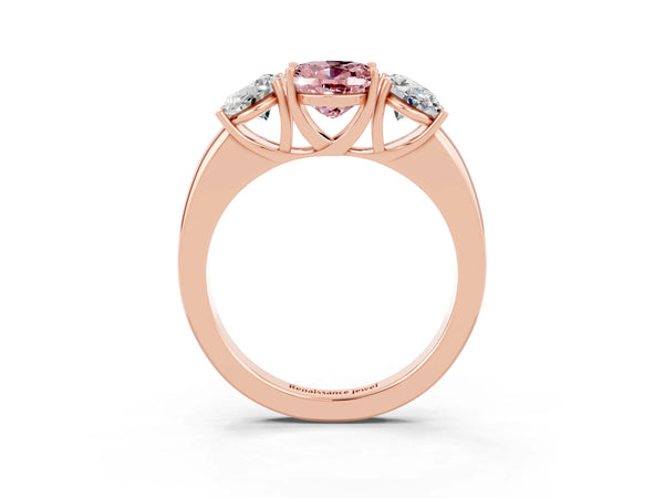 Rose gold Oval Cut Morganite Three-Stone Ring with Four-Prong Setting and Classic Band