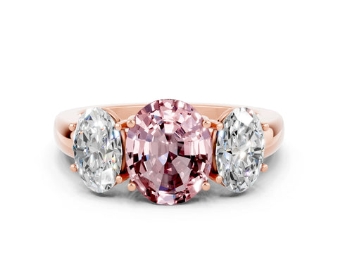 Rose gold Oval Cut Morganite Three-Stone Ring with Four-Prong Setting and Classic Band