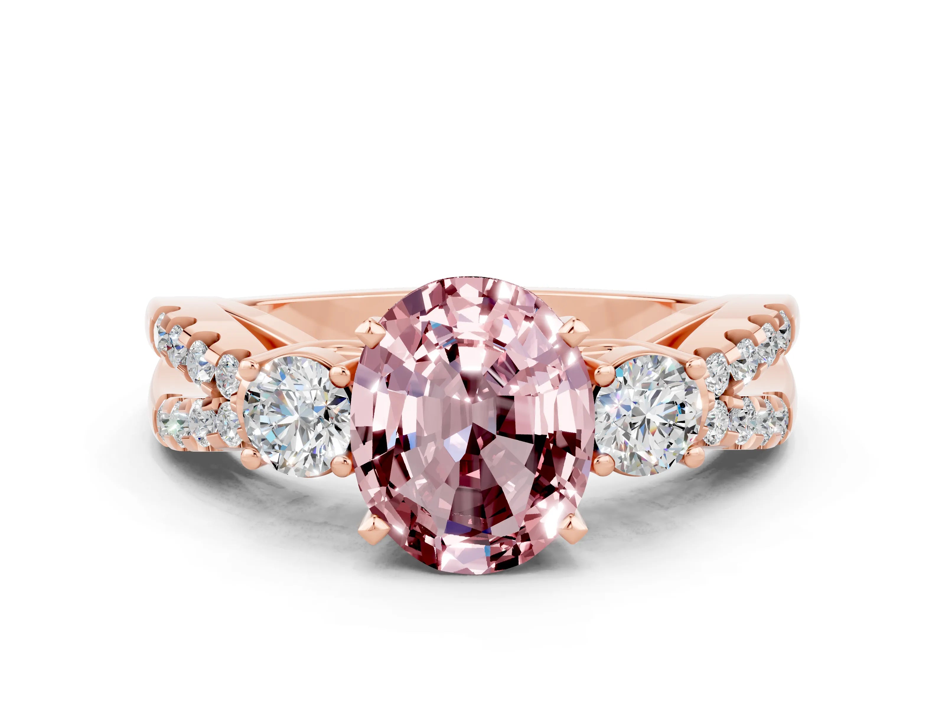 Rose gold Oval Cut Morganite Three-Stone Ring with Pavé Split Shank and Four-Prong Setting_12