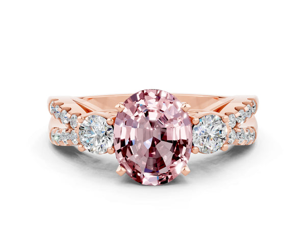 Rose gold Oval Cut Morganite Three-Stone Ring with Pavé Split Shank and Four-Prong Setting