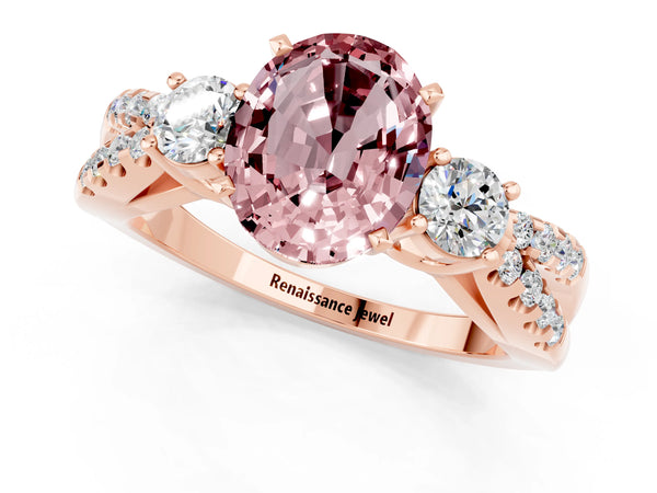 Rose gold Oval Cut Morganite Three-Stone Ring with Pavé Split Shank and Four-Prong Setting