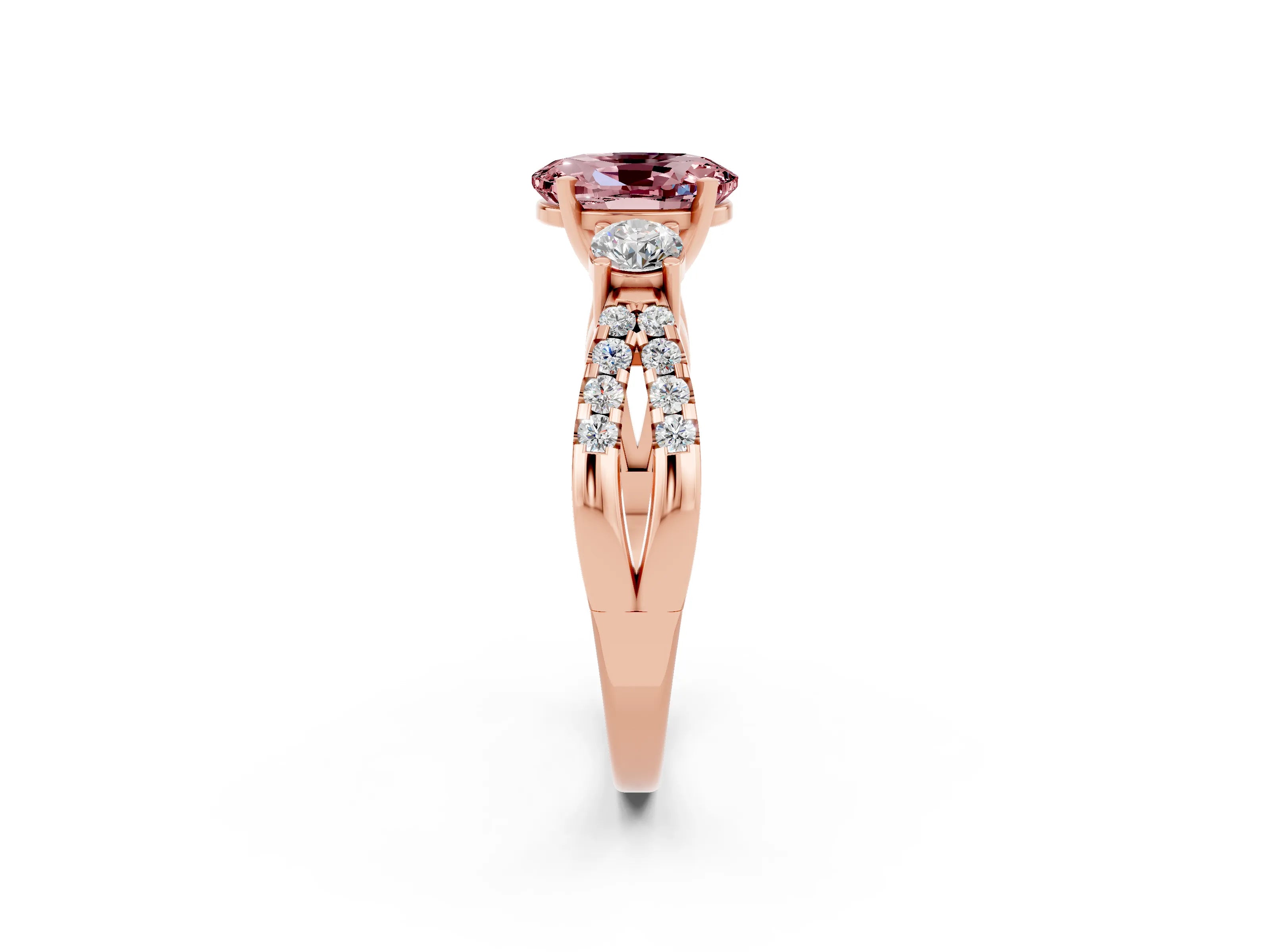 Rose gold Oval Cut Morganite Three-Stone Ring with Pavé Split Shank and Four-Prong Setting_14