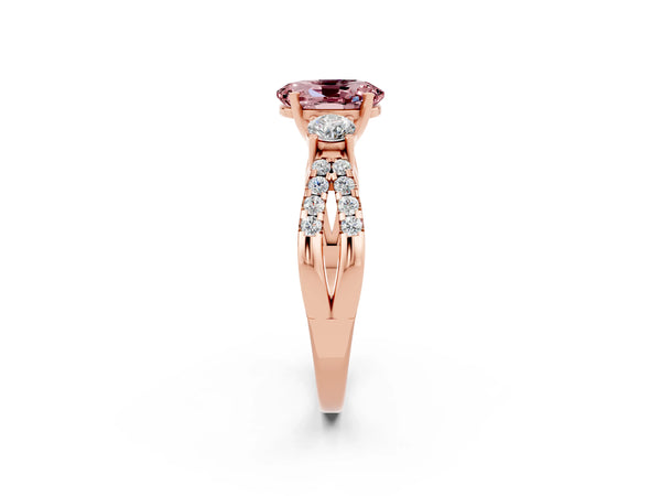 Rose gold Oval Cut Morganite Three-Stone Ring with Pavé Split Shank and Four-Prong Setting