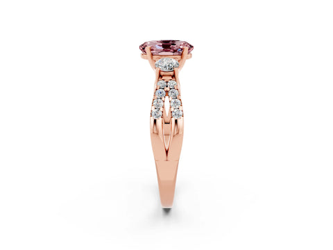 Rose gold Oval Cut Morganite Three-Stone Ring with Pavé Split Shank and Four-Prong Setting_14