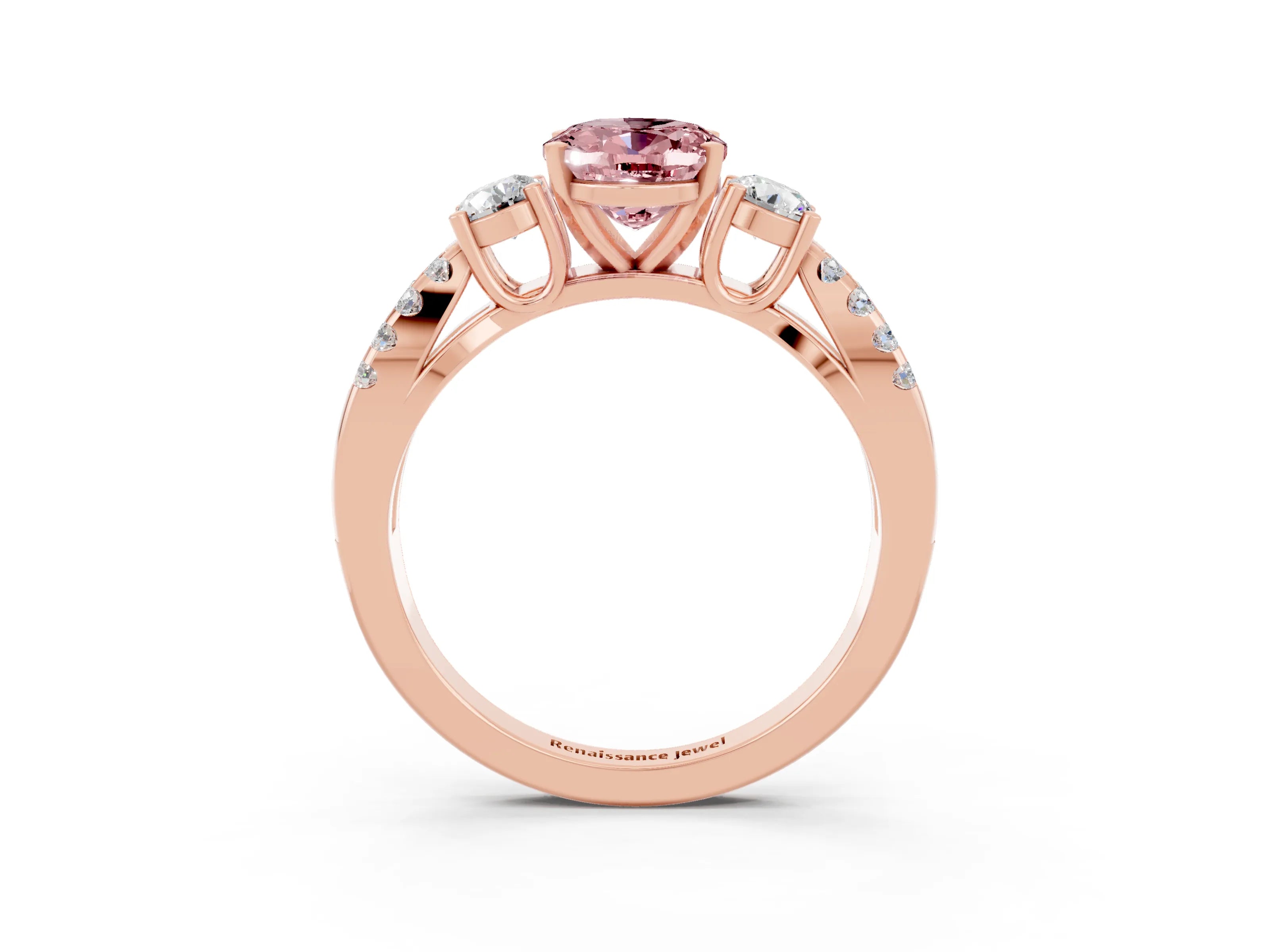 Rose gold Oval Cut Morganite Three-Stone Ring with Pavé Split Shank and Four-Prong Setting_15