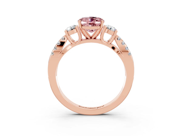 Rose gold Oval Cut Morganite Three-Stone Ring with Pavé Split Shank and Four-Prong Setting