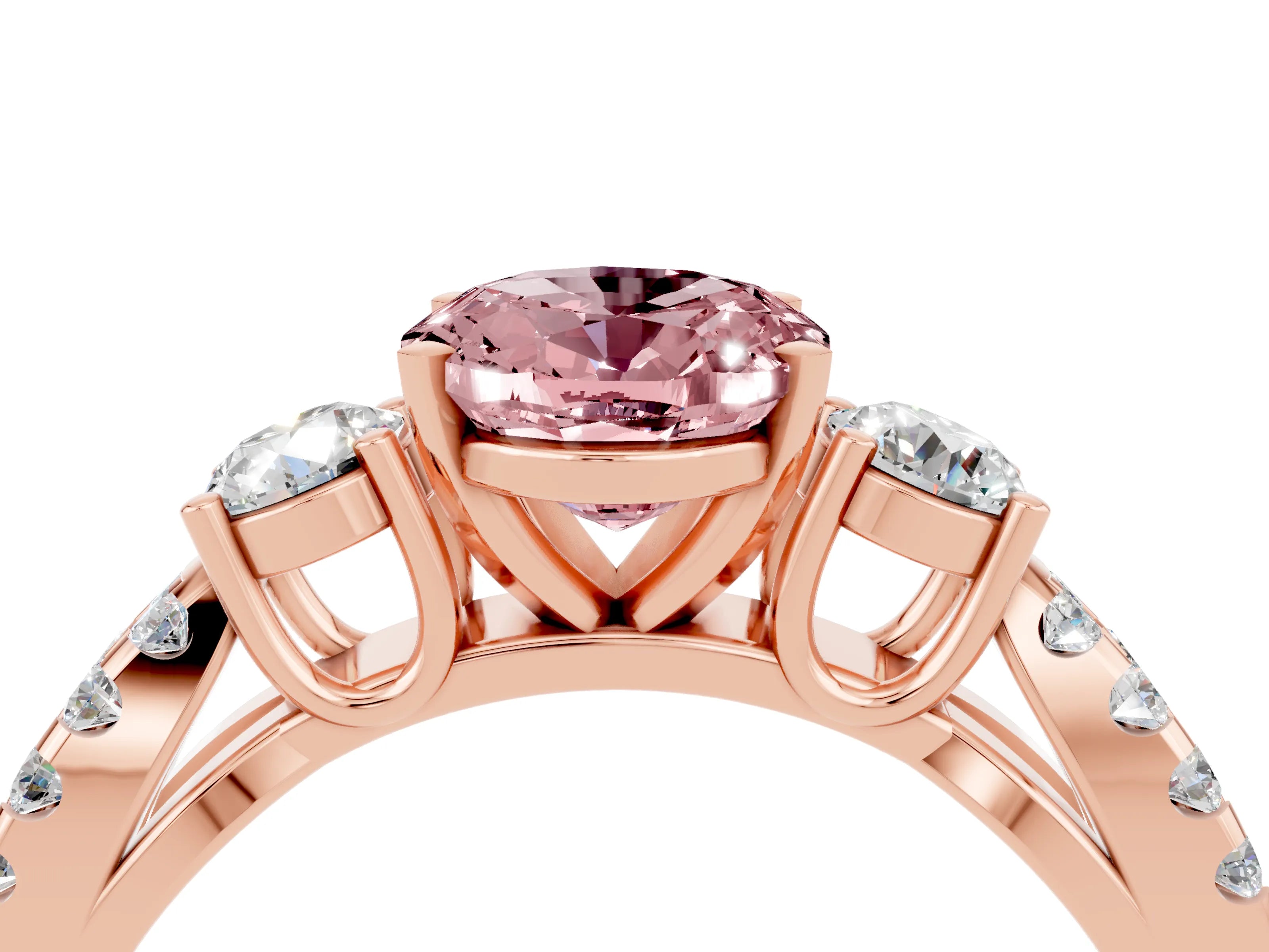 Rose gold Oval Cut Morganite Three-Stone Ring with Pavé Split Shank and Four-Prong Setting_16