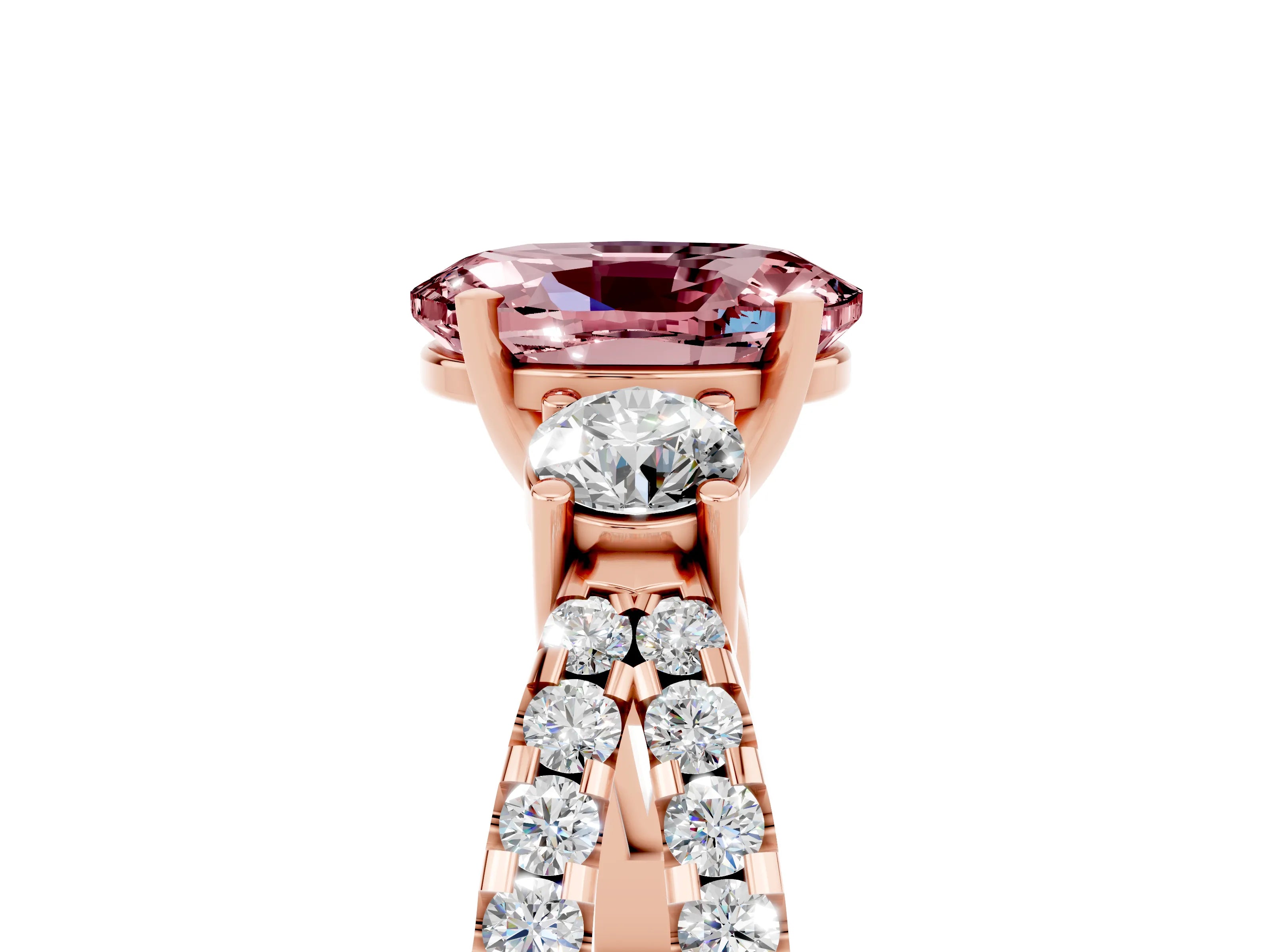 Rose gold Oval Cut Morganite Three-Stone Ring with Pavé Split Shank and Four-Prong Setting_17