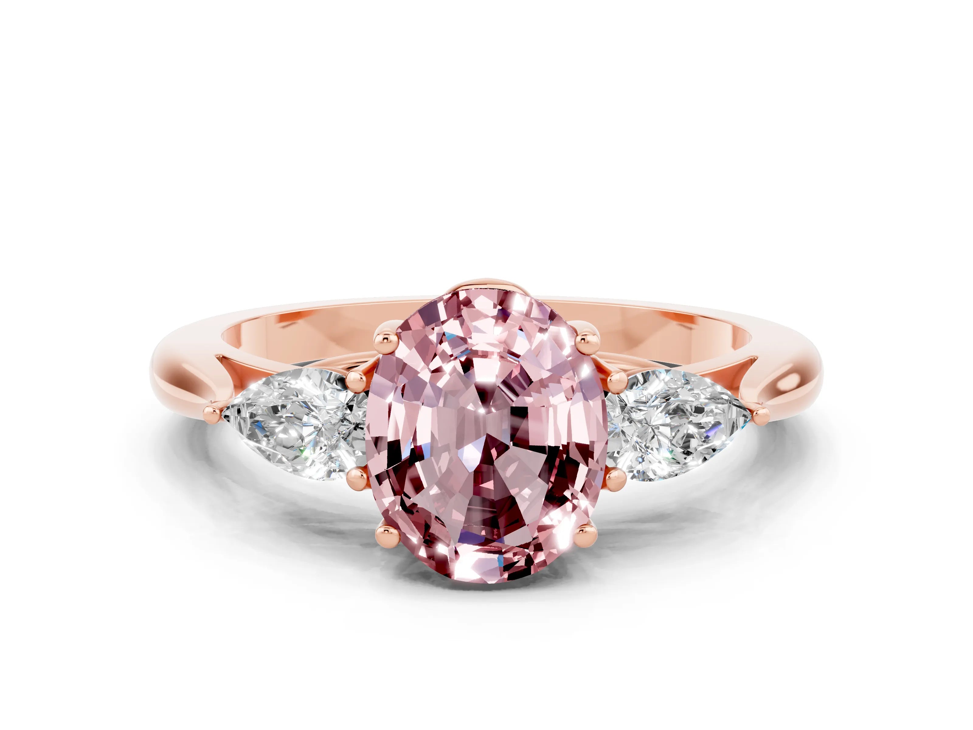 Rose gold Oval Cut Morganite Three-Stone Ring with Pear Side Stones and Four-Prong Setting_12