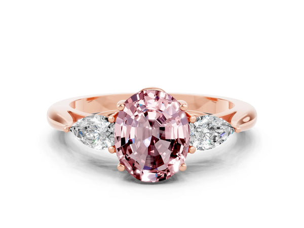 Rose gold Oval Cut Morganite Three-Stone Ring with Pear  Side Stones and Prong Setting