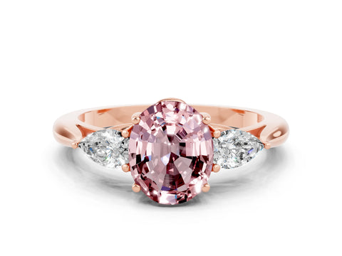 Rose gold Oval Cut Morganite Three-Stone Ring with Pear Side Stones and Four-Prong Setting_12