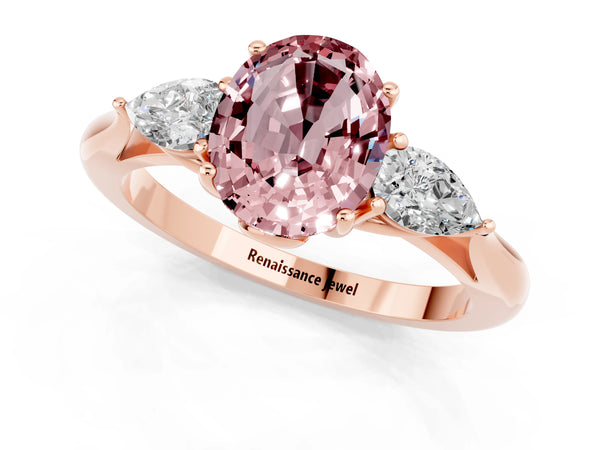 Rose gold Oval Cut Morganite Three-Stone Ring with Pear  Side Stones and Prong Setting