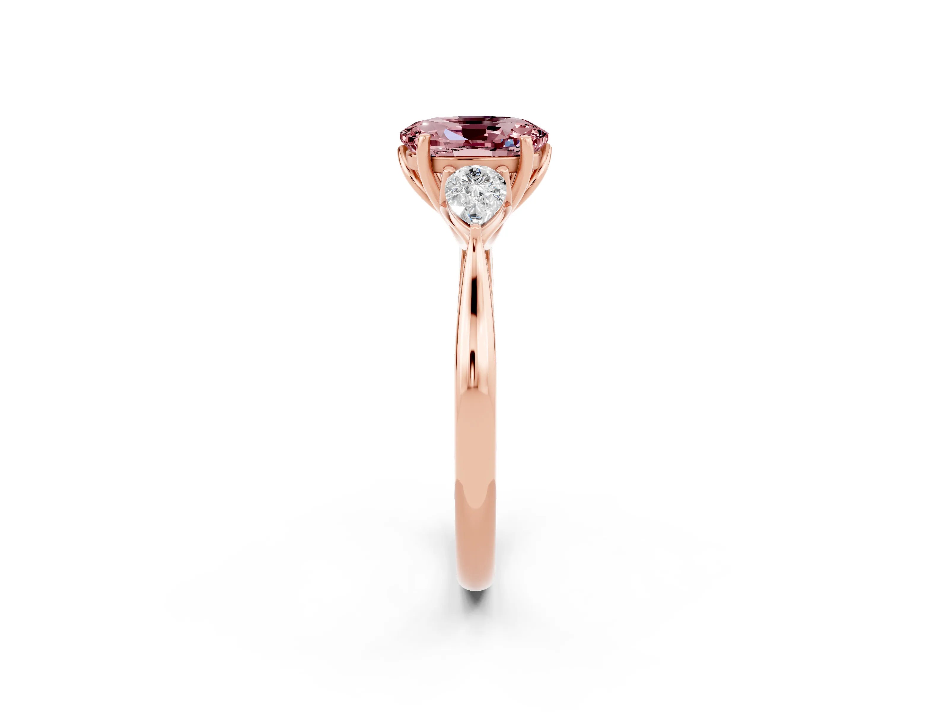 Rose gold Oval Cut Morganite Three-Stone Ring with Pear Side Stones and Four-Prong Setting_14