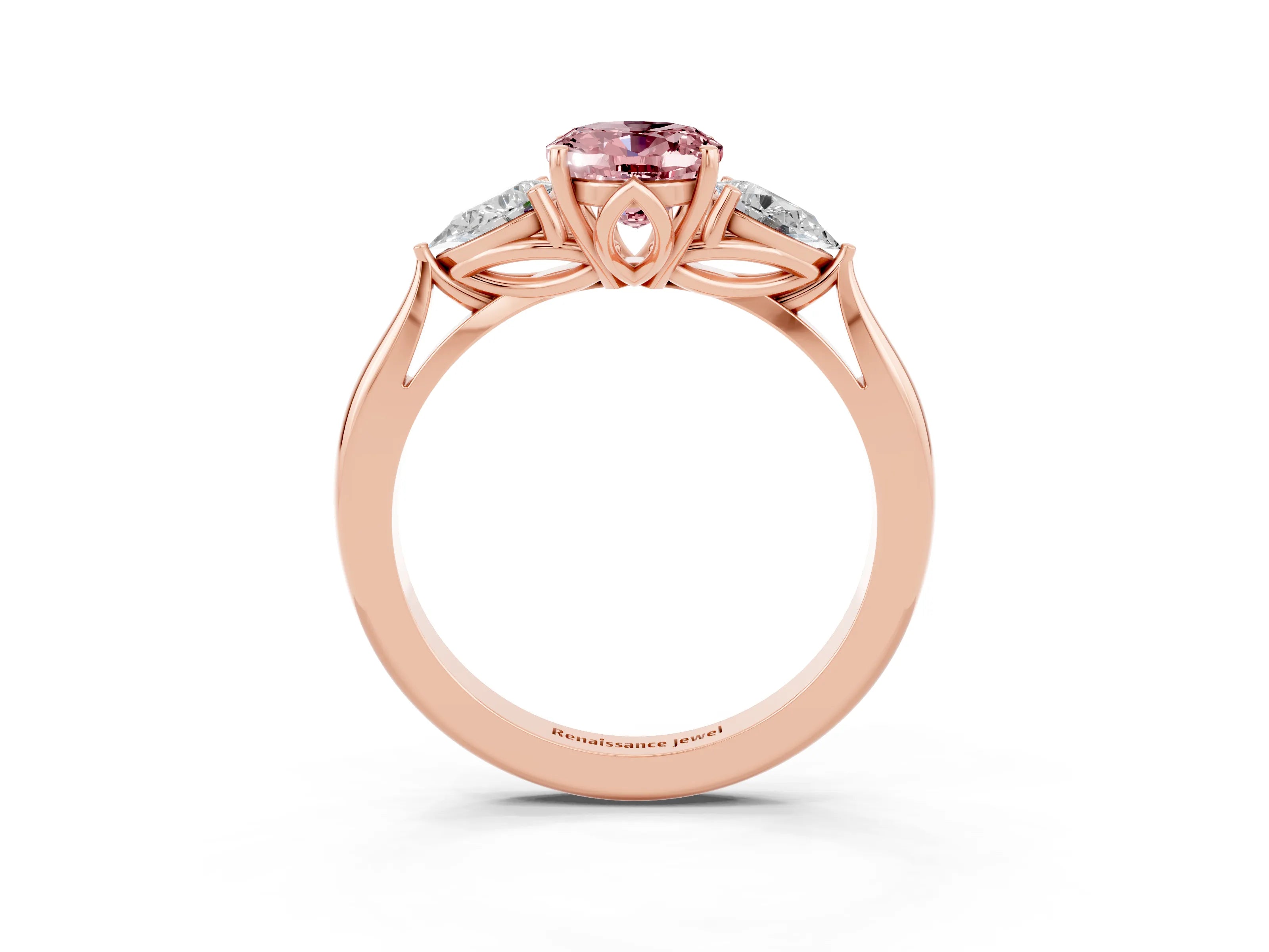Rose gold Oval Cut Morganite Three-Stone Ring with Pear Side Stones and Four-Prong Setting_15